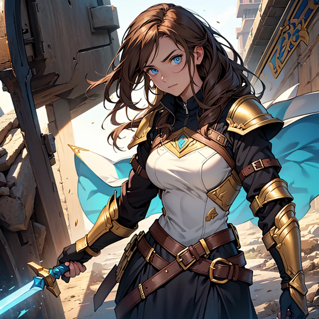 She who has her divine armor, with his spear and his war shield for combat, with her brown hair and her blue eyes.