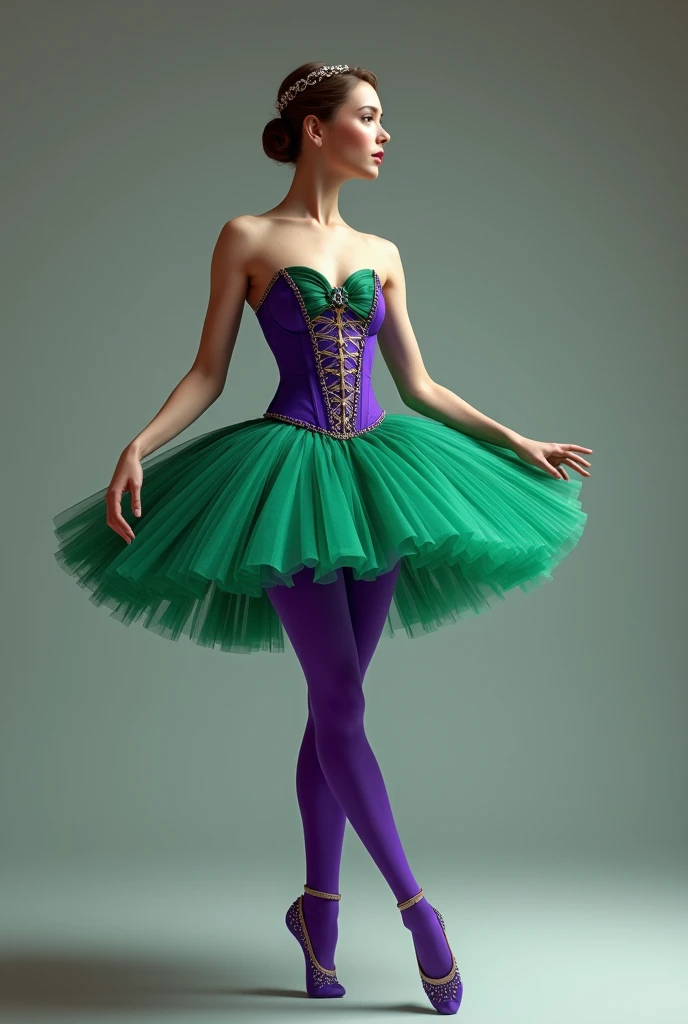 Balanchine style tutu (short tutu) green with purple tights . Green and violet are strong colors , and the corset-like piece
