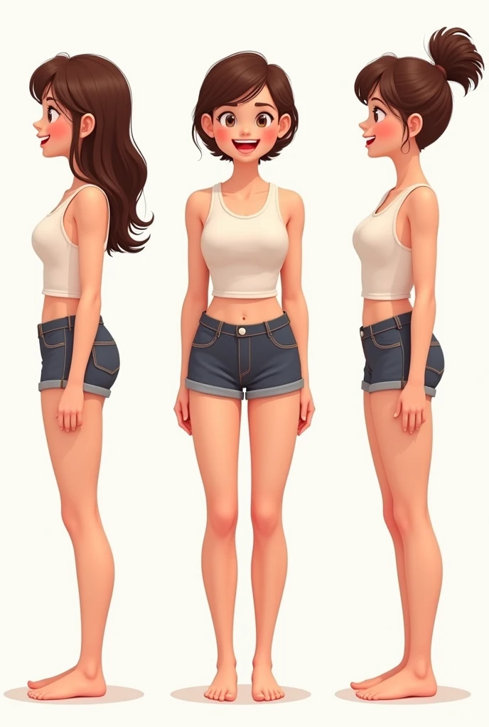 create a frontal image, full body character sheet, behance hd, detailed full body concept, concept art of the character, white background, full body, realistic drawing, standing, 1 lovely doll girl, slightly smiling girl, similar to a Blythe doll, very short dark brown hair, wearing blue bandeau bikini bra and barefoot, grey-blue cheerful big eyes with very long and curl lashes, a small cute nose, and a slender figure, standing front side straight figure pose, full body, looking at the camera, straight pose, extremely beautiful, sketches of the character around her, beautiful shape and aesthetics of the face and body