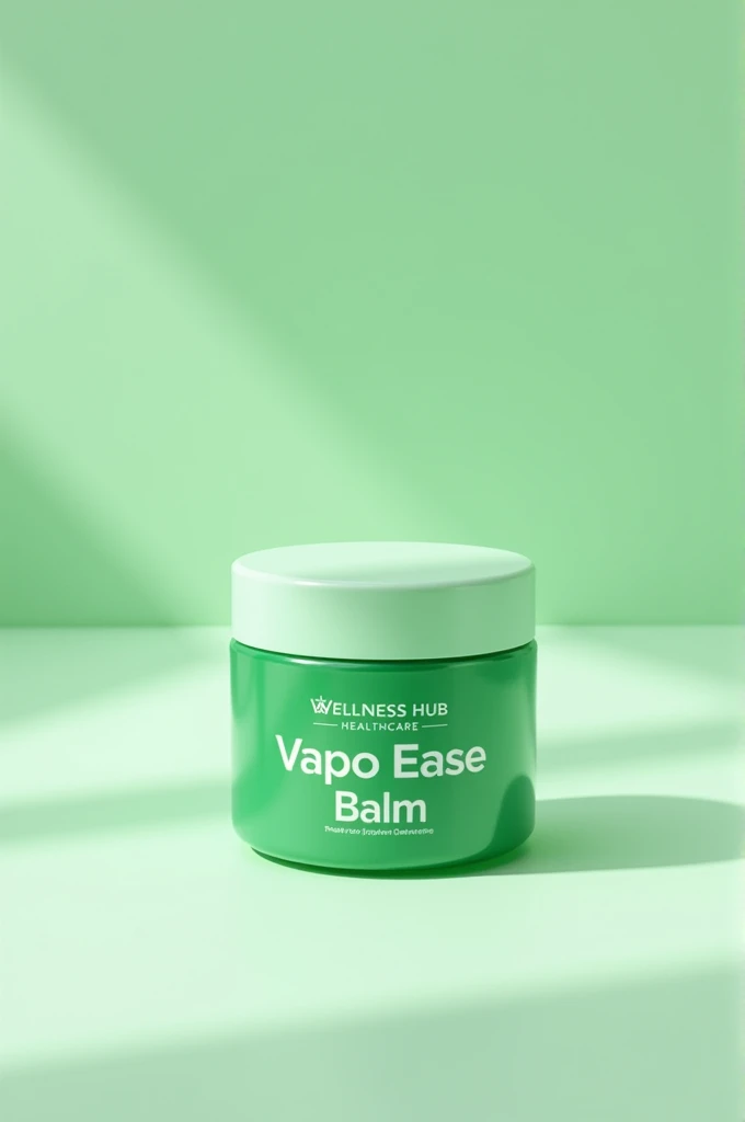A little plastic jar of vaporub balm in green color and branding headline is Wellness Hub Healthcare and brand name is Vapo Ease Balm