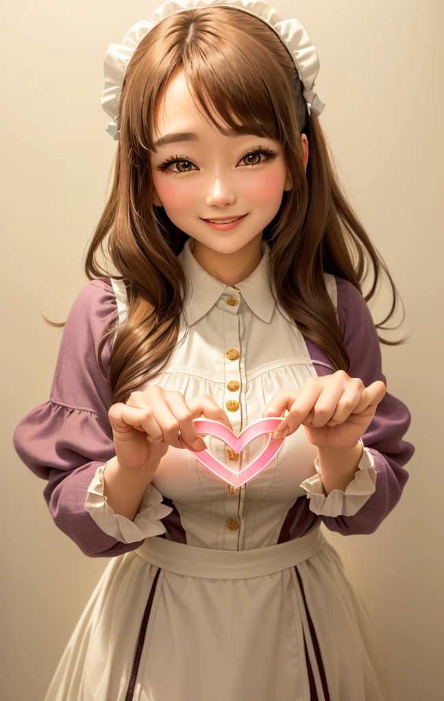 Close-up of a 40 year old woman、a maid , cute woman, maid outfit, magic writings,forming a heart shape with both hands' fingers, with a cheerful expression, wearing a casual outfit. The background is simple and neutral to keep the focus on the girl and the heart shape she's making.