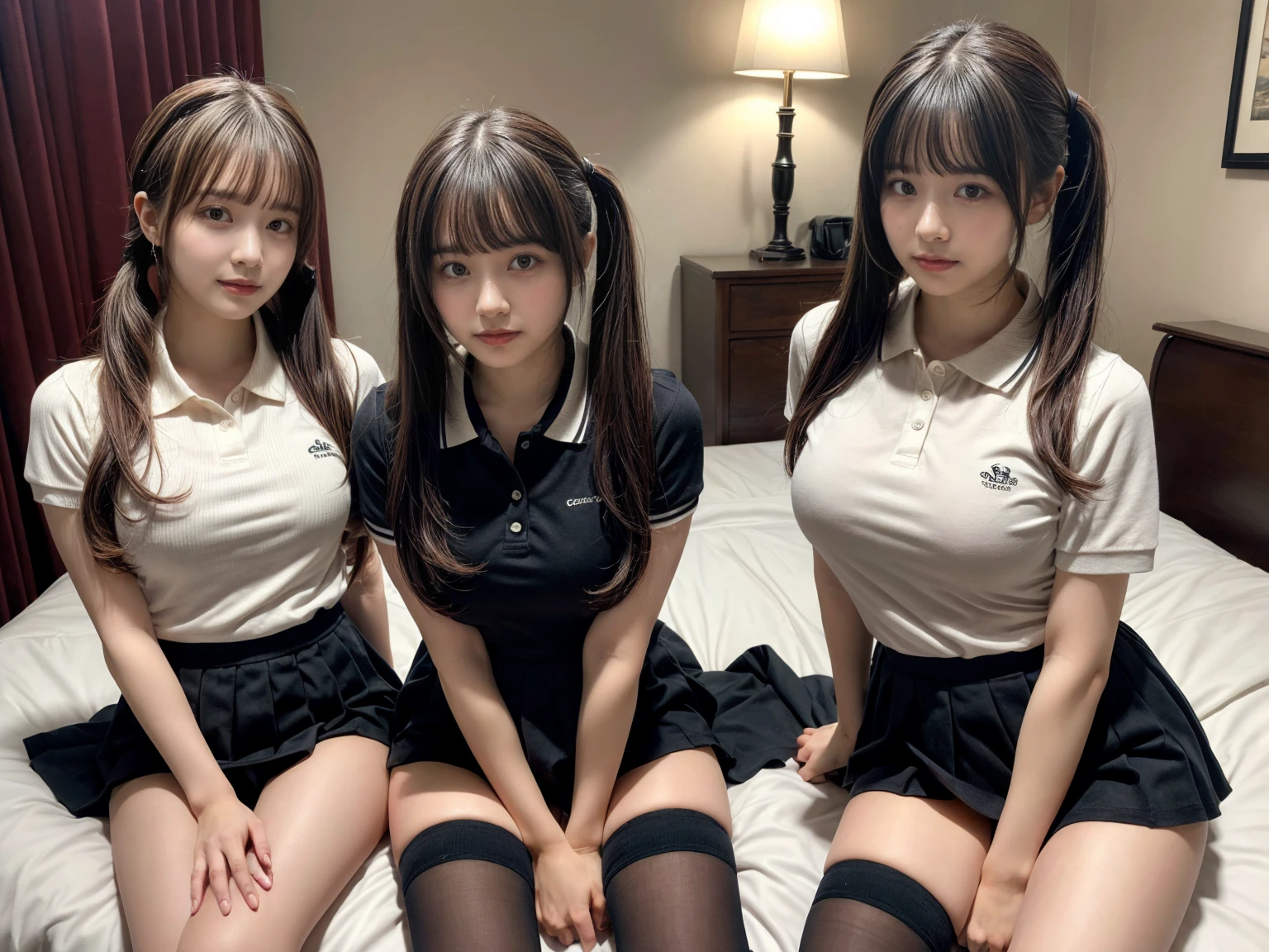 masterpiece, best quality, illustration, Super detailed, fine details, High resolution, 8K,wall paper, perfect dynamic composition,(Details High quality, realistic depiction of eyes:1.3), (2 girls), (collared polo shirt), pleated skirt, knee high socks, twin tails, in a hotel room in the background, deep on field, large breasts, black hair color, Big Natural Color Lip, (perfect body shape), crying a little、Harajuku style、20 year old girl、cute type、beautiful legs, Gravure Idol