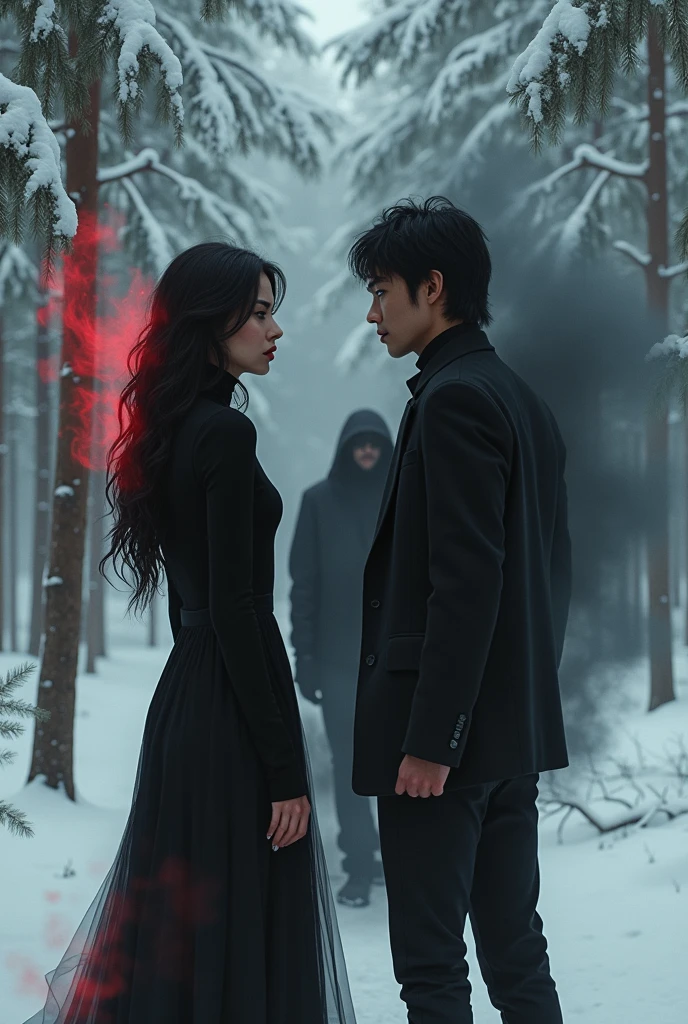 Woman with long wavy black hair full red lips dark grey eyes wearing black turtleneck dress with red smoke around stands in snowy pine forest next to a Latino man with black smoke black suit short disheveled black hair grey eyes, In the background a hooded man with his face covered, dressed all in black