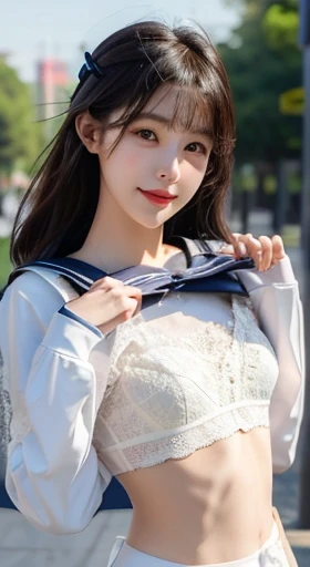 Tabletop,( Highest quality),(masterpiece) Realistic,real , Realistic, Very detailed, finely, High resolution, 8k wallpaper,,Anatomically correct body, One cute girl,(Korean Girl:1.4),(20-year-old:1.4), (Black Hair:1.3),(Straight long hair:1.4),(She is thin:1.3) ,(She is wearing a sailor uniform, a traditional Japanese school uniform.:1.4), Sharp focus, Perfect dynamic composition, finelyて美しい目,Slim body,(Small breasts:1.4)(Small breasts:1.4),(Small breasts:1.4),(Small breasts:1.4), Thin Hair, Detailed and Realistic skin texture, smile, Cute Face, Standing pose、(whole body:1.4) (Lifting the sailor suit to show off a small white lace bra:1.5)))、((She is showing her white lace bra))