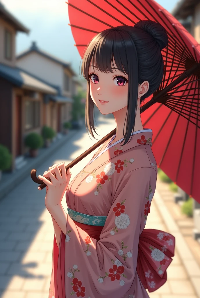 An elegantly dressed Japanese woman in natural light、A close-up of her chest and calm expression.、It shows her inner peace and outer charm.。Set the style to anime style。The whole body is shown。The background is an old Japanese road。There are old houses on both sides.。There she is smiling with a Japanese umbrella。