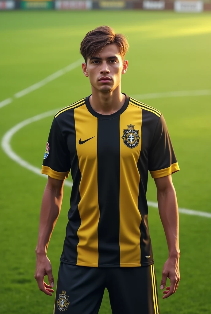 Create the image of a man of about 21 years old with short straight hair and a Corinthians shirt