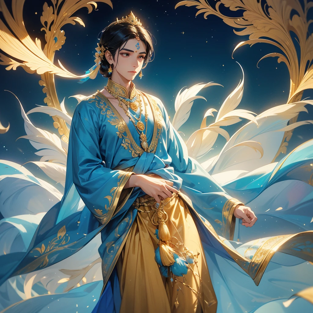 Design a captivating profile picture of male Lord Krishna floating elegantly amidst an ethereal blue backdrop. He should be draped in a luxurious, richly embroidered dhoti with golden accents, and wear a sparkling crown adorned with jewels and a vibrant peacock feather. His deep blue skin should radiate a divine glow, while he plays a delicate flute. Surround him with softly glowing diyas that cast a warm, golden light, and incorporate subtle, swirling patterns or celestial motifs in the background to evoke a sense of mystical serenity and divine presence.