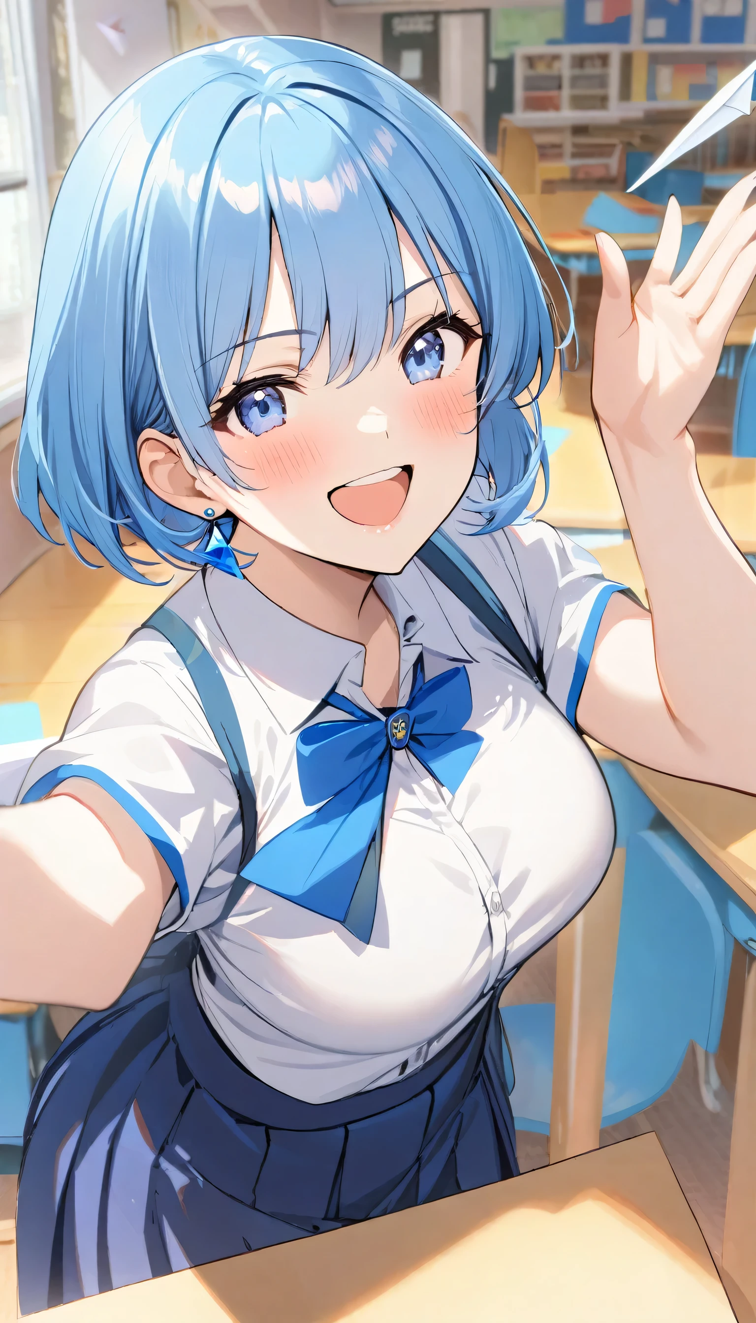 1woman,matured,matured face,detailed blue eyes,short bright blue hair,detailed japanese school uniform,blue school skirt,white school shirt,blue bowtie,blue earrings,joyful expression,happy, positive, colourful classroom,hourglass figure,paper plane,idol pose,