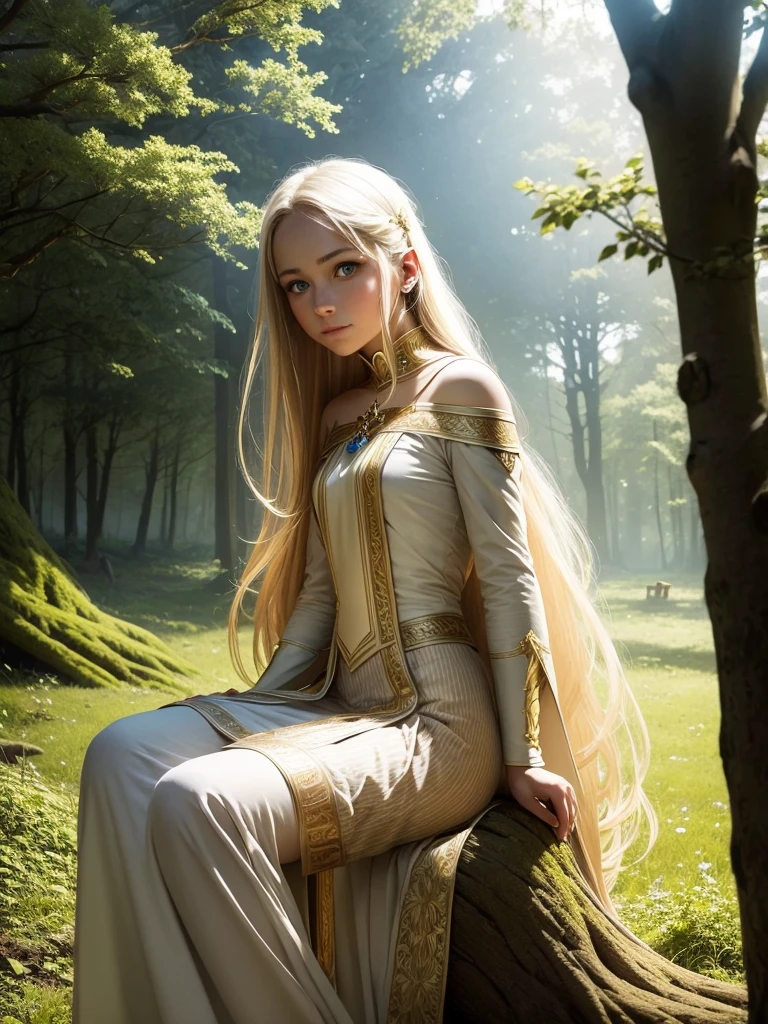 A  girl sitting in a tree, in the forest, long blonde hair, blue eyes, white fair skin, fairy outfit