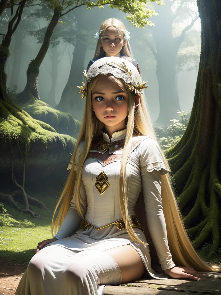 A  girl sitting in a tree, in the forest, long blonde hair, blue eyes, white fair skin, fairy outfit