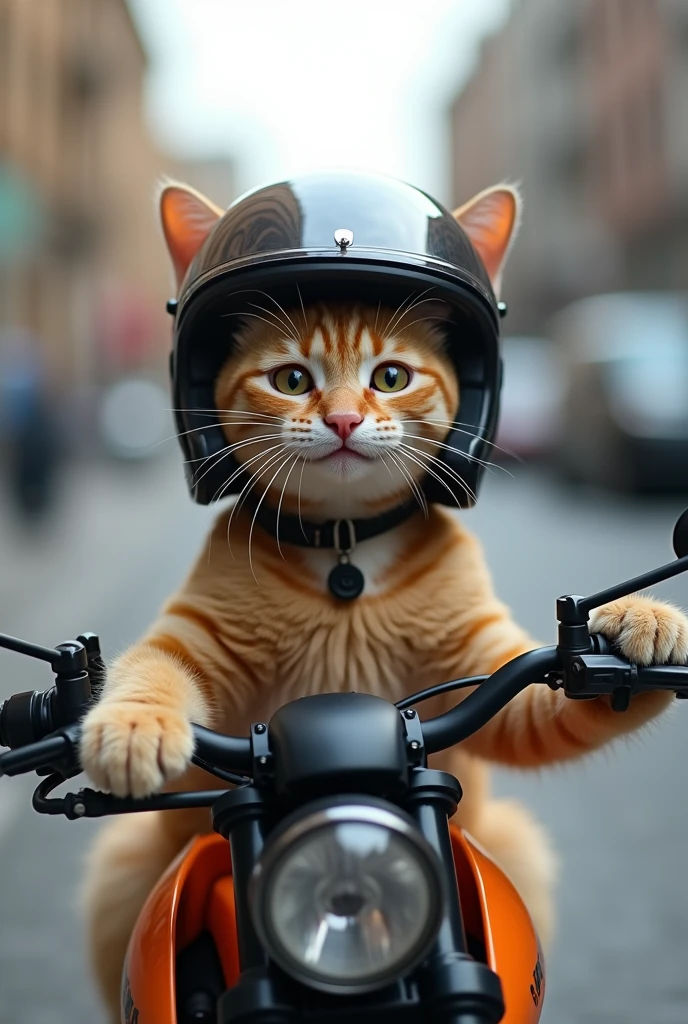 Create a real cat wearing a helmet and smiling on a motorcycle photo as if it were a selfie