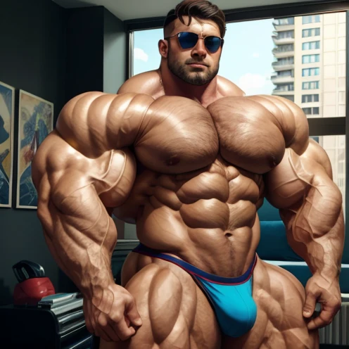 hyper growth, hyper muscles, brutalmass, a young and very handsome man, perfect, normal and beautiful face, sunglasses, shirtless, exaggeratedly muscular body, exaggeratedly huge muscles, exaggeratedly huge arms, exaggeratedly huge pecs, exaggeratedly huge biceps, exaggeratedly huge bulge bulging out his , in an apartment