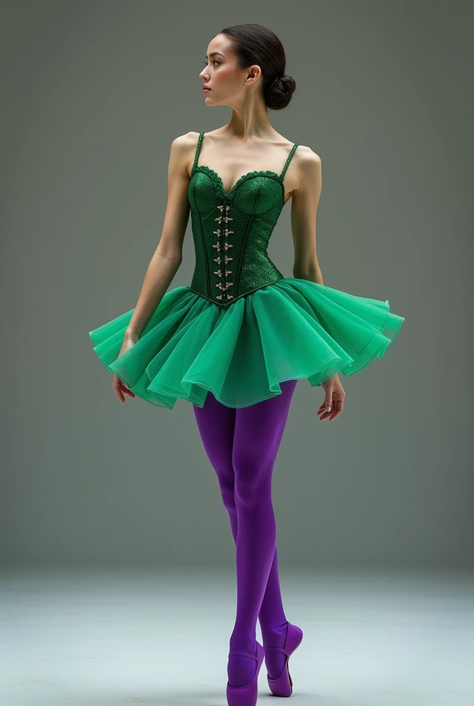 Balanchine style tutu (short tutu) green with purple tights . Green and violet are strong colors , and the corset-like piece , the green corset. With the purple pointe shoes