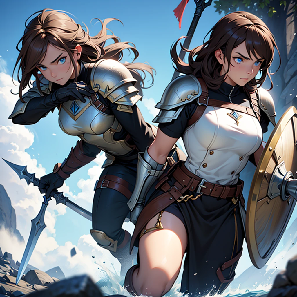 an adult woman, who has his divine armor, with his spear and his war shield for combat, with her brown hair and her blue eyes.