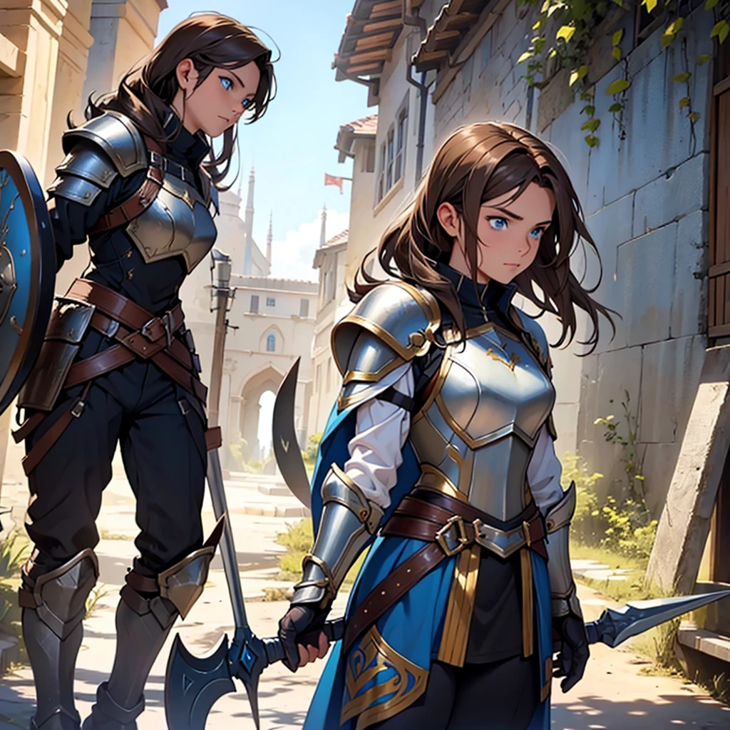 an adult woman, who has his divine armor, with his spear and his war shield for combat, with her brown hair and her blue eyes.