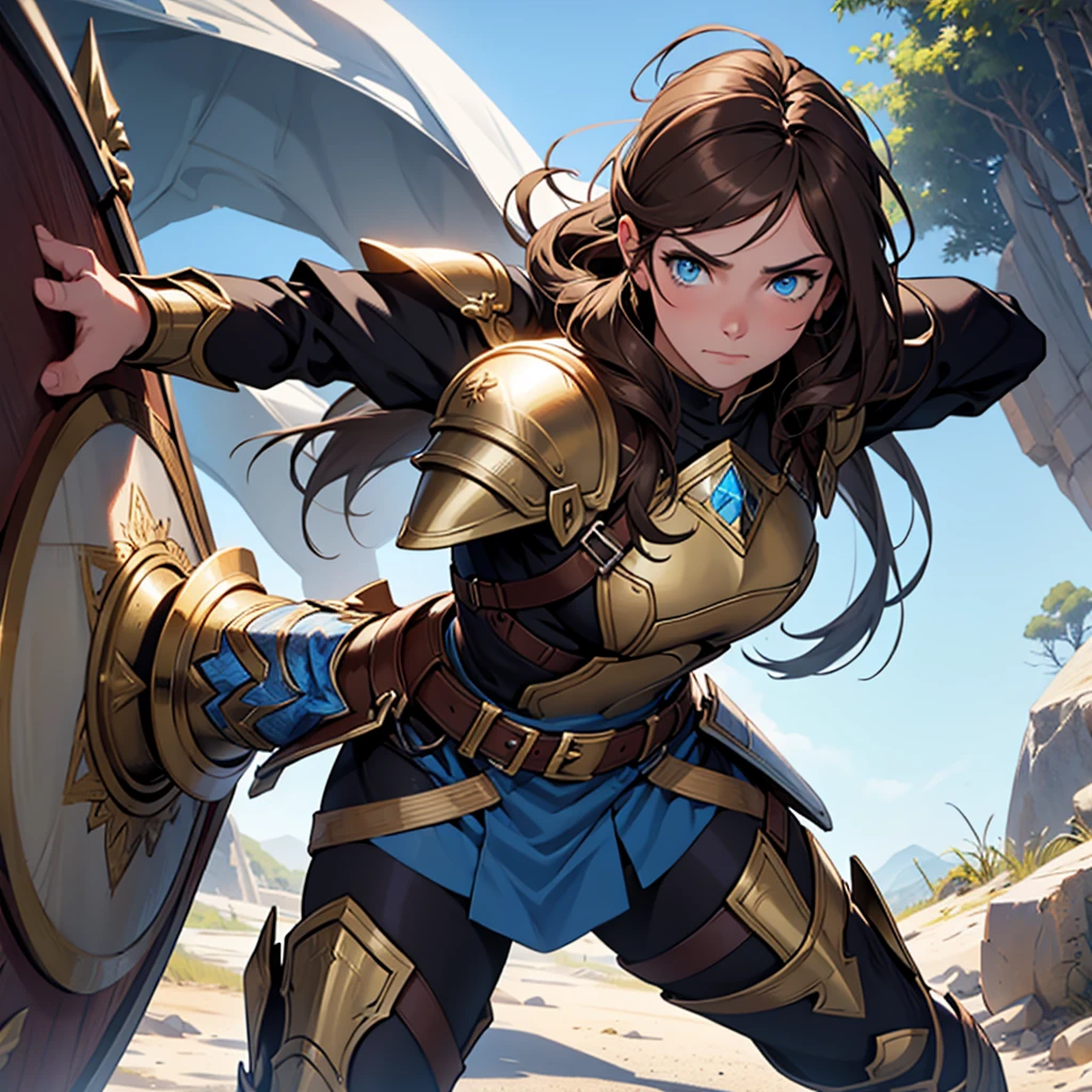 an adult woman, who has his divine armor, with his spear and his war shield for combat, with her brown hair and her blue eyes.