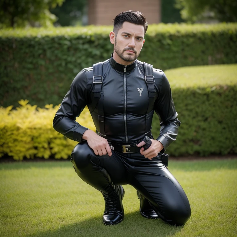 30 years old,One Man,、Villain face、Black bodysuit、Shocker Belt、Black boots、tall、logic肉質、garden　On the grass　Raid　Holding a handgun　Aim on one knee　logic,Gay ,Very short hair。Cropped hair、The crotch area of the pants is bulging　team leader　dignity、Stubble　rage