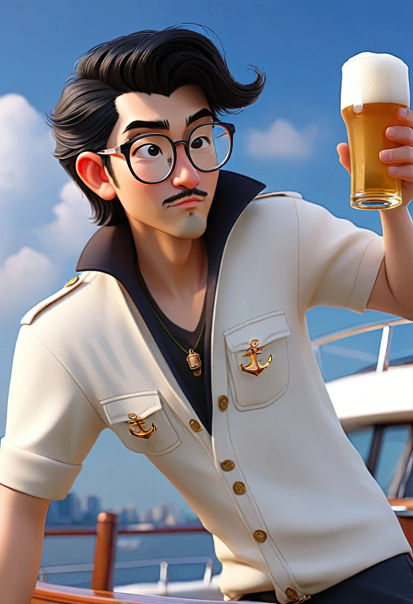 Yachtハーバー、uncle、Beer 、The background is a port city、Black Hair、Glasses、Yacht、blue sky