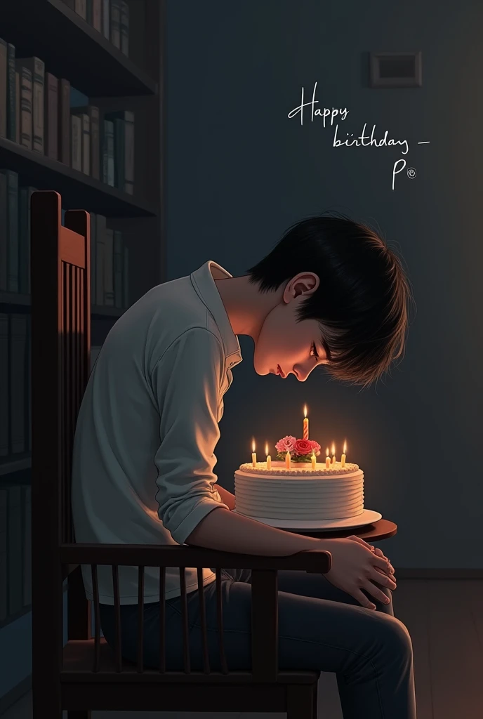 A girl whom I loved a lot but is no longer in my life, the effect of memories, a sad background, some shining books, a boy half lying on chair sadly, remembering the girl, an atmosphere of birthday wishes, The cake is placed beside it, along with flowers and a rose, There should be text written Happy birthday P@ in the background