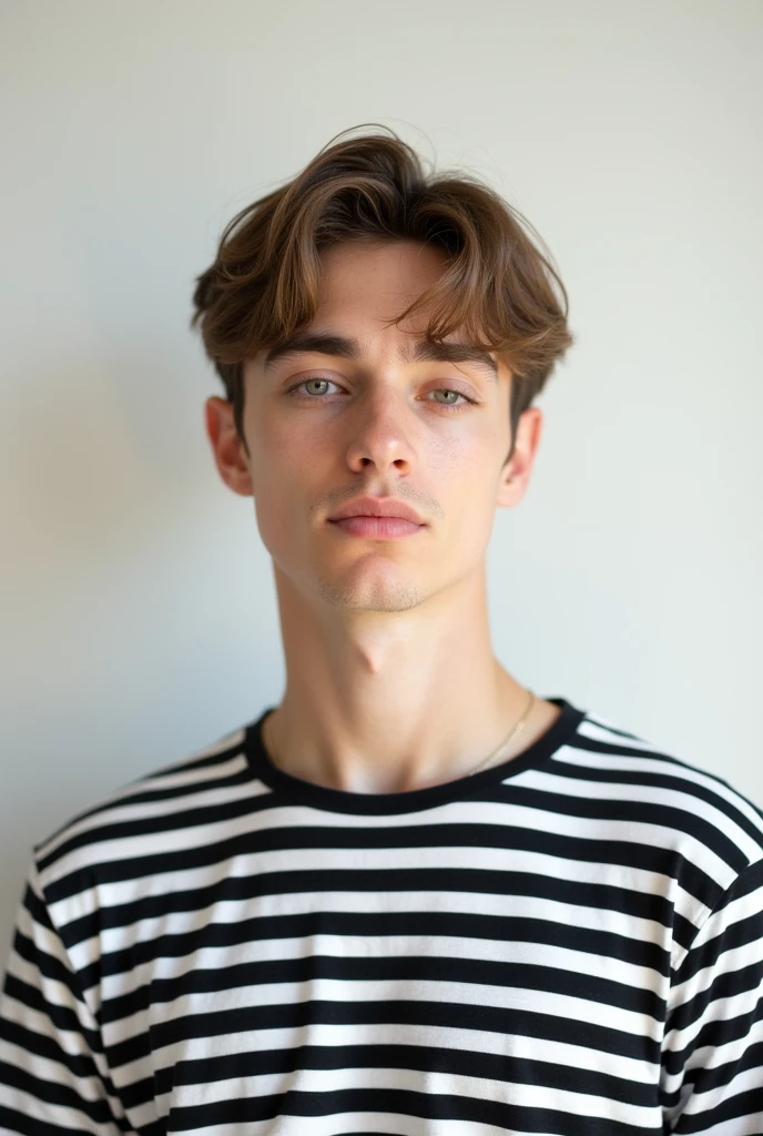 Create an image of a man of about 21 with short straight hair and a black and white striped shirt