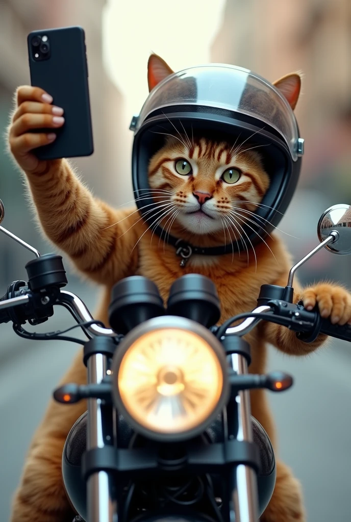 Create a real cat wearing a helmet and smiling on a motorcycle photo as if it were a selfie