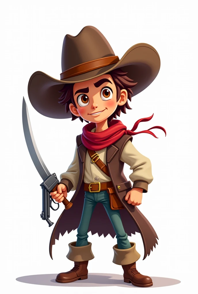 cartoon type image, White background, A brave explorer does not fear dangers, with a sword and a revolver 