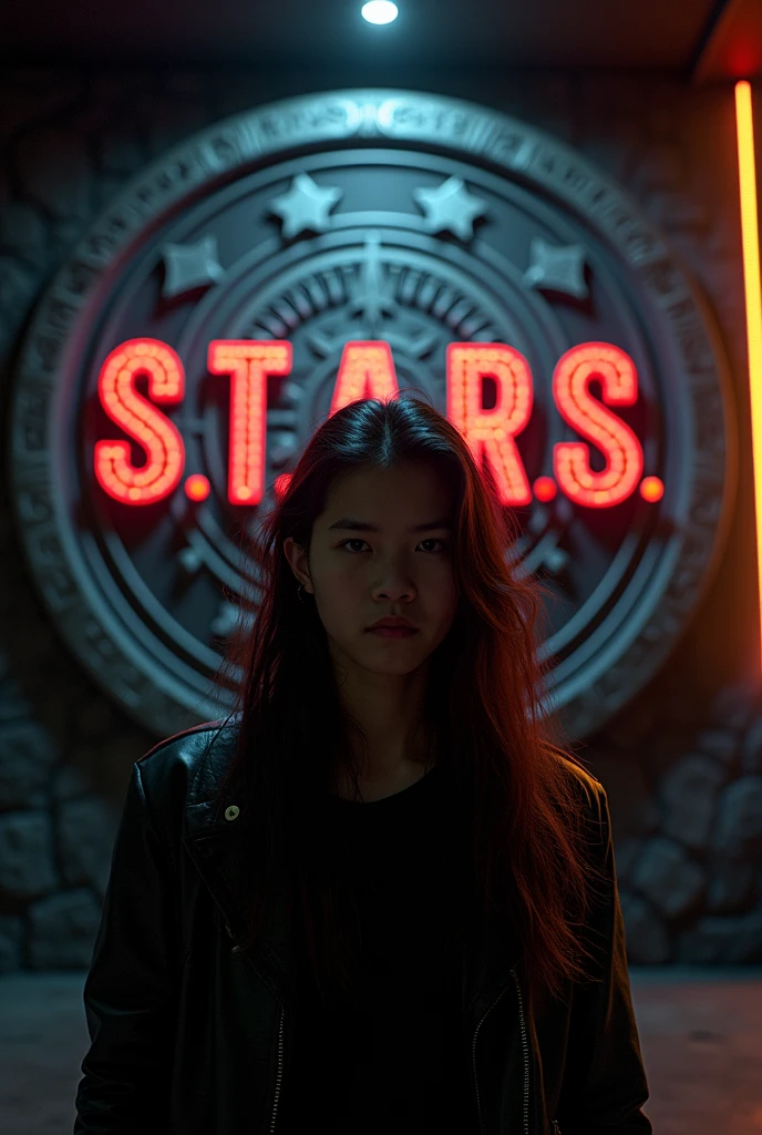 In the night at the secret meeting side room , Very long-hair Indonesian toraja young man, sweet and cute face , wearing a leather jacket, realistic, looking at the viewer, the back wall of the room has a round logo that says "S.T.A.R.S", letters embossed from clear red and white acrylic with gold dust, glowing corners, black natural stone background, surrounded by neon lines and clear color music note symbol lights up, the outer frame of the engraving line lights up softly, part of the logo is dark, realistic complex light ,8K,4D,HDR, hyper realistic,cinematic lighting,real sunlight lighting from the right side