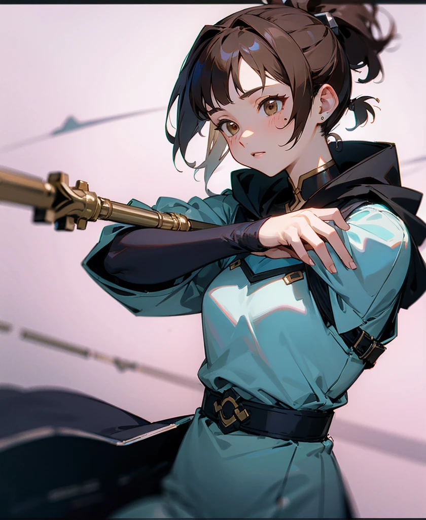 (masterpiece, Highest quality:1.3),beautiful detailed glow,Best lighting,(((Highest quality,Fabric Shading,ultra detailed))),extremely detailed CG unity 8k wallpaper,非常にdetailedで美しく、beautiful,The best light,High resolution,detailed,Dynamic Lighting , A mix of Sword Art Online and futuristic style clothing , Beautiful woman , short hair , Brown Hair , Ponytail Hair , Brown eyes , Wounds on the cheeks , Wearing a hood, Age 25