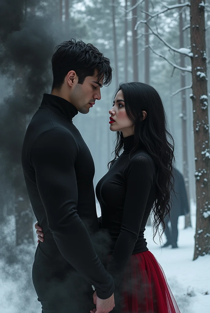 Woman with long wavy black hair full red lips dark grey eyes wearing black turtleneck dress with red smoke around stands in snowy pine forest next to muscular man with black smoke black suit short disheveled black hair grey eyes, In the background a hooded man with his face covered, dressed all in black