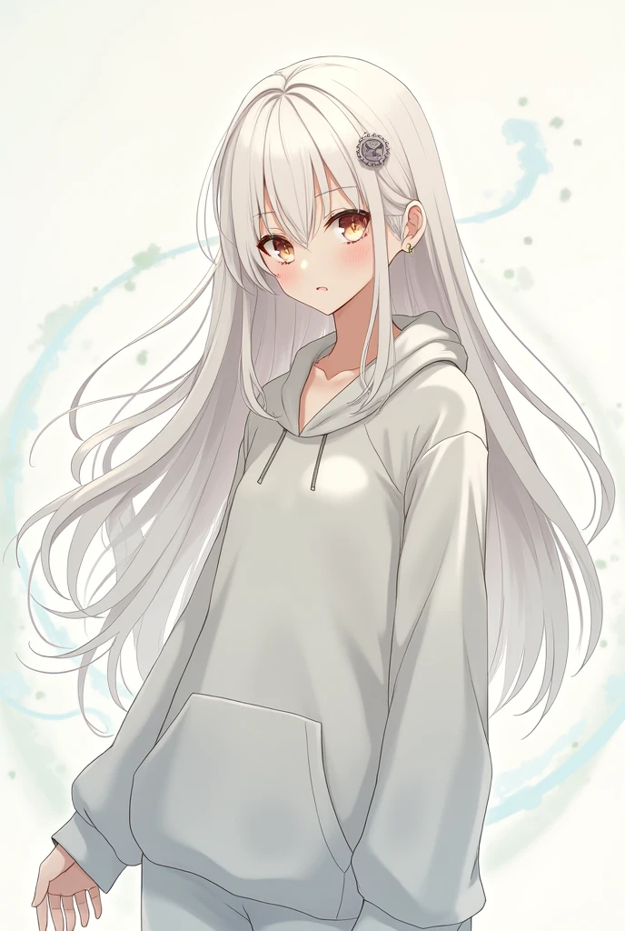 In anime style、Wearing a loose hoodie、Draw a white-haired girl with a 2-head body、Put your whole body on the screen