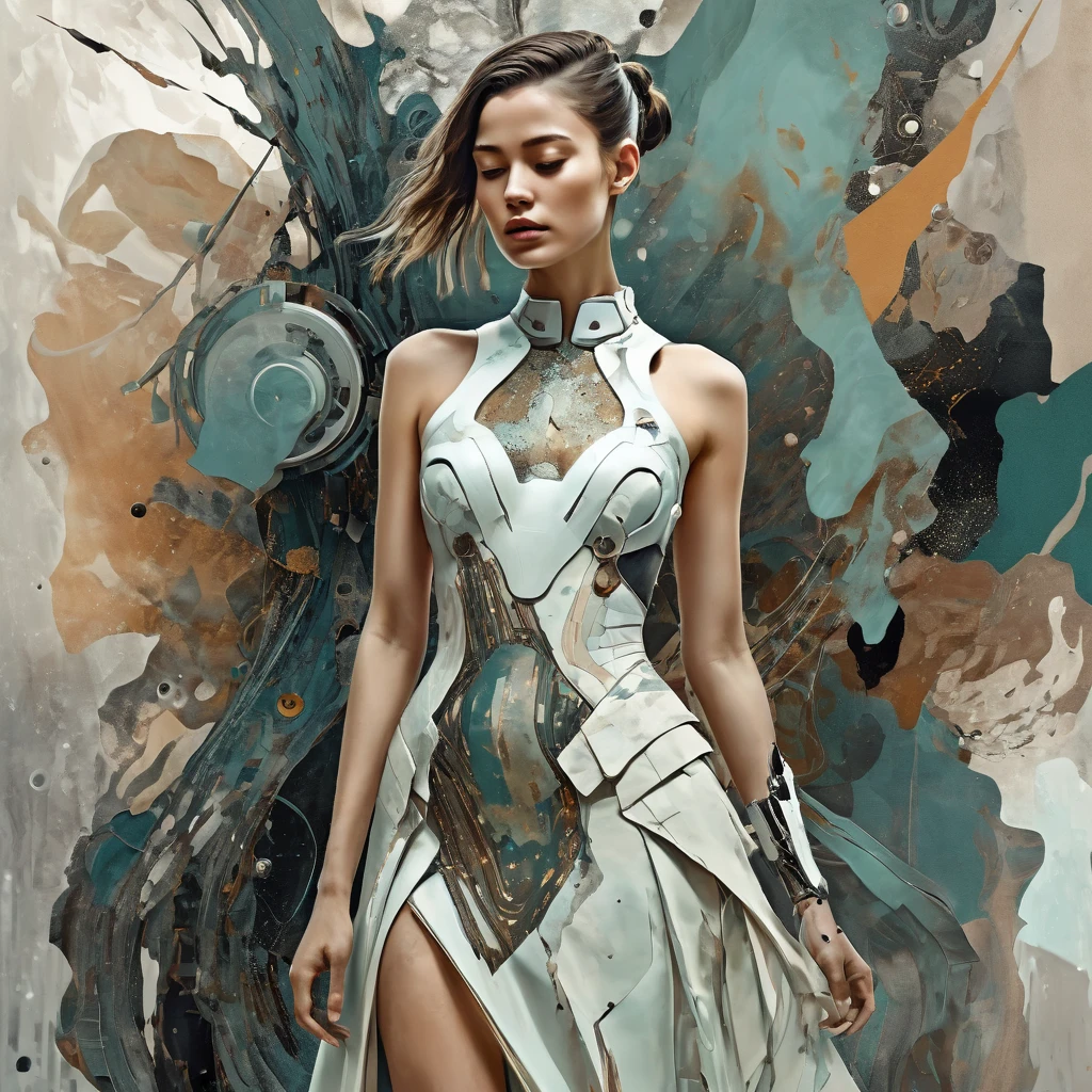 Mixed media artwork + Emotional cyborg girl + Elegant dress + Skin lesions as a storytelling element + In the style of surrealist expressionism, muted color scheme, dreamlike atmosphere, abstract and distorted forms --ar 2:3 --s 999 --v 6