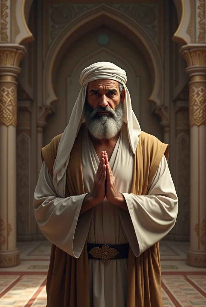 A high-resolution, realistic image of a masculine, semi-bald man with a semi-beard, wearing traditional Arabic attire, looking at the camera inside a mosque while praying to Allah in America.