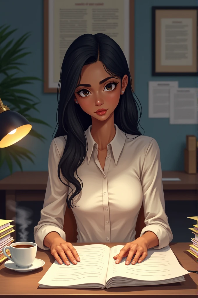A tall girl with medium brown skin, long jet black hair and narrowed dark brown eyes sitting at a desk going through important documents