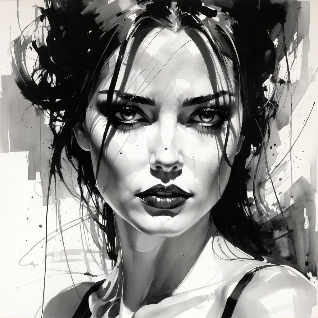 an abstract painting with her eyes to the side, in the style of mike deodato, michael hussar, minimalistic black and white sketches, michael garmash, captures raw emotions, comic art, rough edges --ar 73:112 --stylize 750 --v 6