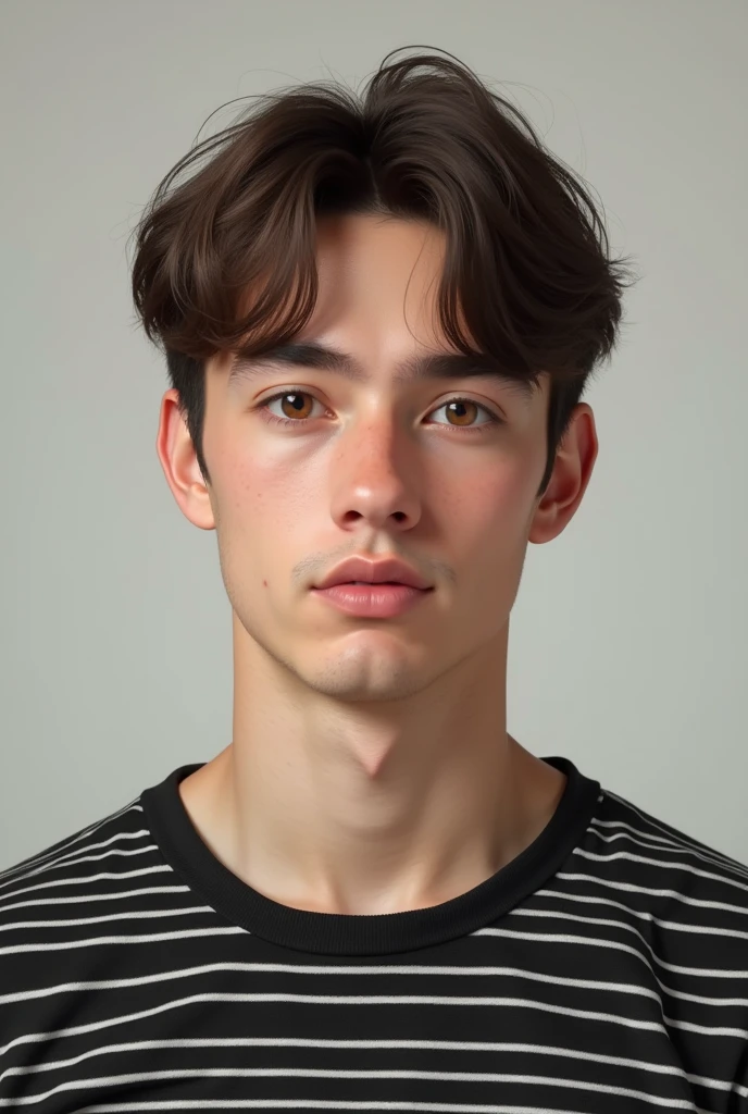 Create an image of a man of about 21 with short straight hair and a black and white striped shirt