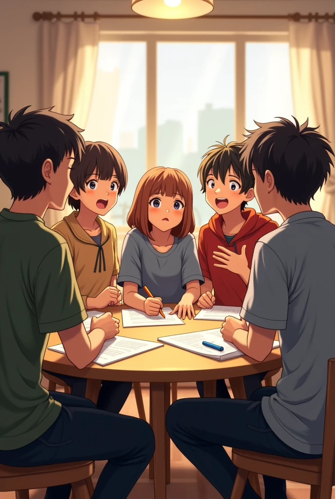 An image of six junior high school students sitting in a circle and talking
