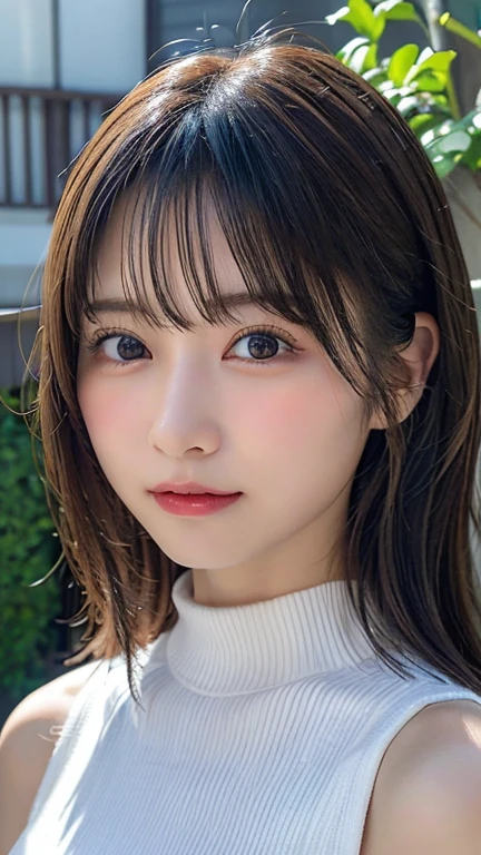high quality、Generate high resolution images。She is young々Successfully、With a cute appearance、Has a fresh and natural look。Here are the specific details::
1. **Face shape**: (Oval face with a slightly pointed chin:1.3)。
2. **eye**: (大きいアーモンド形のeye:1.4、double eyelid。eyeの色はダークブラウン:1.5、There is a vibrant glow)。
3. **Eyebrow**: 自然なアーチを描いたEyebrowで、It is well maintained though、Not too thin。
4. **nose**: small、やや上向きのnose。
5. **mouth**: Natural pink plump lips。She has a gentle smile。
6. **Skin color**: Has a healthy glow、Brighter, smoother skin。
7. **hair**: long、(ストレートな黒hairで、Has a slight sheen)。hair型はソフトなウェーブかストレートのままにすることが多い。
8. **make**: ミニマルでナチュラルなmake。A lightweight foundation to even out skin tone、A touch of blush on the cheeks、eyeを引き立てるための控えめなアイライナーとナチュラルなマスカラ。Lips lightly tinted in pink or peach。
9. **accessories**: smallて繊細なイヤリングやシンプルなネックレスを時々wear。
10. **expression**: Friendly、フレンドリーなexpression。軽い微笑みや遊び心のあるexpressionが特徴。
To focus on her face、Shoot in a bright environment、The background should be neutral or soft and blurred。