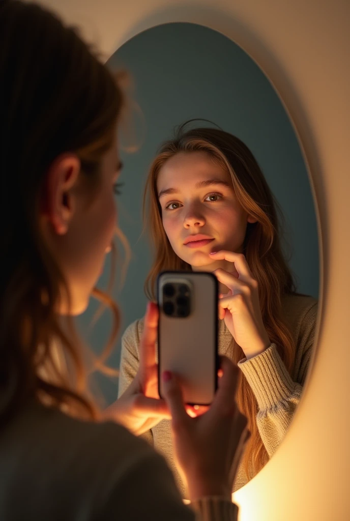 Young s old girl naked with brown hair and average beauty taking photo with phone in mirror image taking camera perspective with mirror reflection