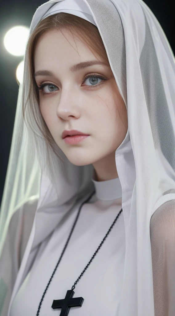 a beautiful nun, ginger hair, greenish gray eyes, tearful eyes, pale skin, dressed in a gray habit, with a large white wimple and veil covering her head. The nun should have a calm and composed expression. She is wearing a prominent large black cross necklace. at night