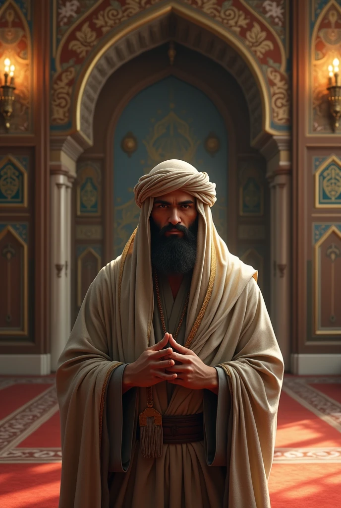 A high-resolution, realistic image of a masculine, semi-bald man with a semi-beard, wearing traditional Arabic attire, looking at the camera inside a mosque while praying to Allah in America.