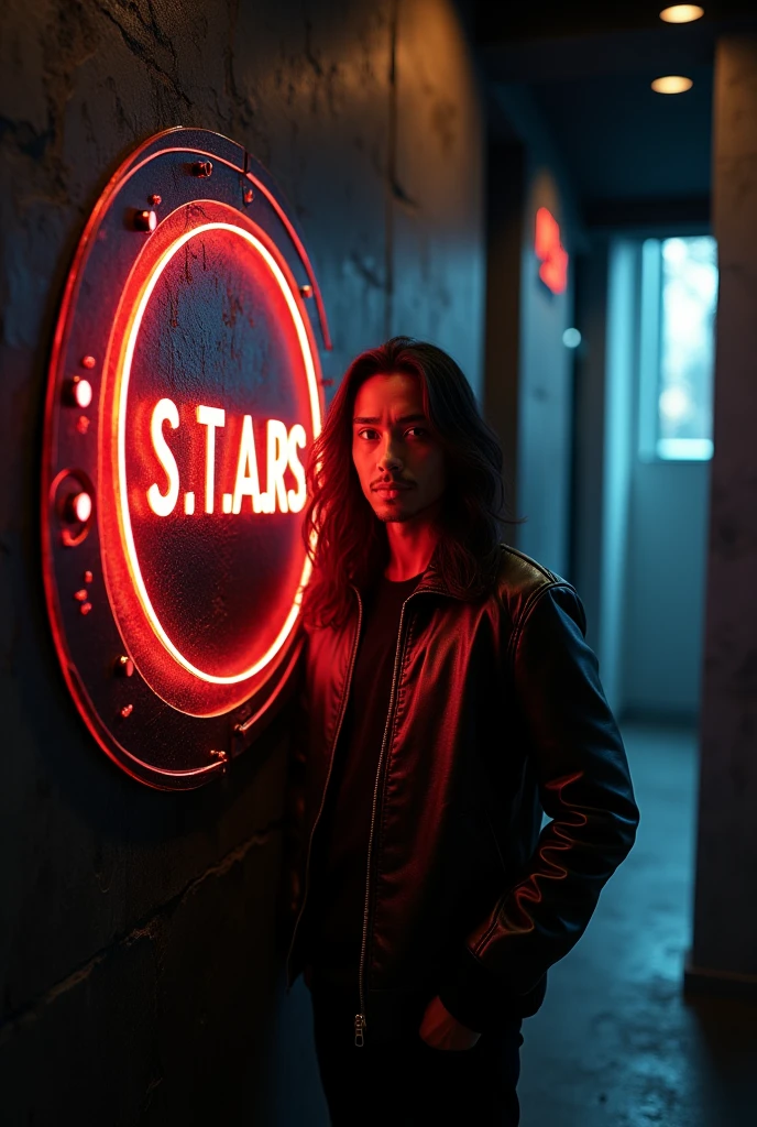 In the night at the secret meeting side  room , Very long-hair Indonesian toraja young man, sweet and cute face , wearing a leather jacket, realistic, looking at the viewer, the back wall of the room has a round logo that says "S.T.A.R.S", letters embossed from clear red and white acrylic with gold dust, glowing corners, black natural stone background, surrounded by neon lines and clear color music note symbol lights up, the outer frame of the engraving line lights up softly, part of the logo is dark, realistic complex light ,8K,4D,HDR, hyper realistic,cinematic lighting,real sunlight lighting from the right side