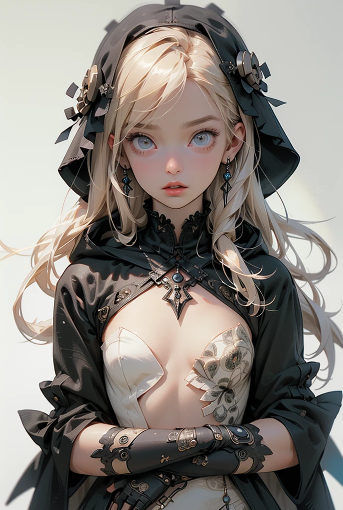 (((masutepiece, of the highest quality, super detailed))), a female knight of an occult order, minimal but intricate beautiful armour, Bloodborne inspired, occult aesthetic, occult, red and white clothing detailed and intricate steampunk and detailed gothic (with a hood), ((carrying a sword with digital glitch-like effect to the blade almost like it is flickering in and out of reality)), Complex laced boots, Fluttering lace flared long knee length dress with frilly petticoats, long dress, knee length dress, pleated petticoats, petticoats, beautiful small breasts, (((flat chest:1.1))), (((( Highly detailed face))), (((Very sharp focused eyes))), very long eyelashes, Very dramatic and cinematic lighting, tatty damaged old red and white clothing, full body, whole body, body, cosmic horror, grim dark