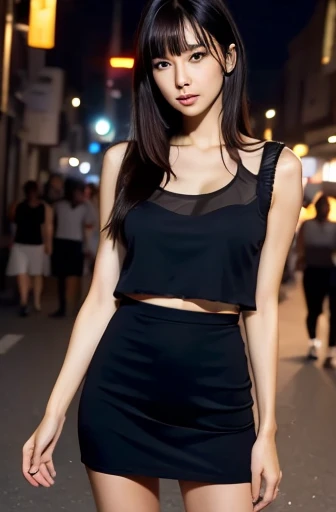 (((best quality))),1 female,slender face,(((arms behind))),(((cool beauty))),Black Hair,Brown Eyes,medium hair,straight hair,small breasts,looking at viewer,bed,25 years old,No pubic hair,Height: 160cm,(full body),blouse,Standing in a busy street at night,mini skirt,Provocative look,bangs