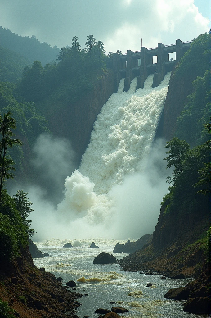 A thumbnail for youtube of mulaperiyaar dam breaks down and all water comes out and destroys all kerala
