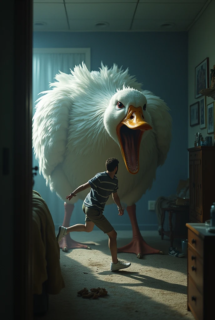 A big white duck is chasing a human angrily in a dark bedroom.