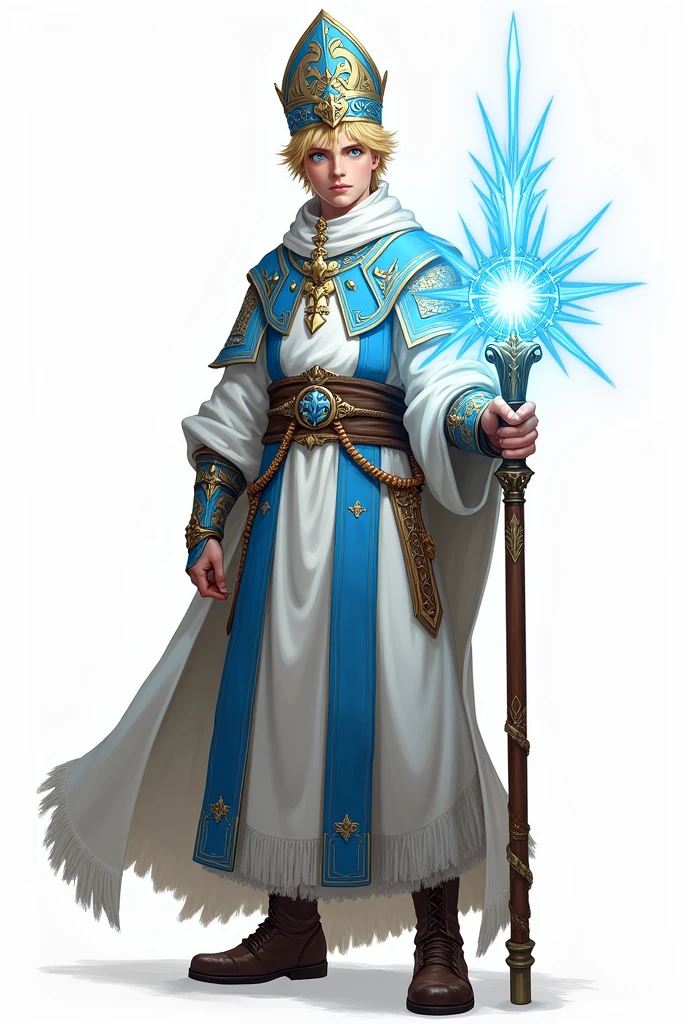 drawning, sharp colors, a young cleric, medieval style, white eyes emanating brightness, white clothes with blue and gold details, blondie hair, bishop hat, holding a mace, fully body, white background, character seen from the front, BOARD PIECE