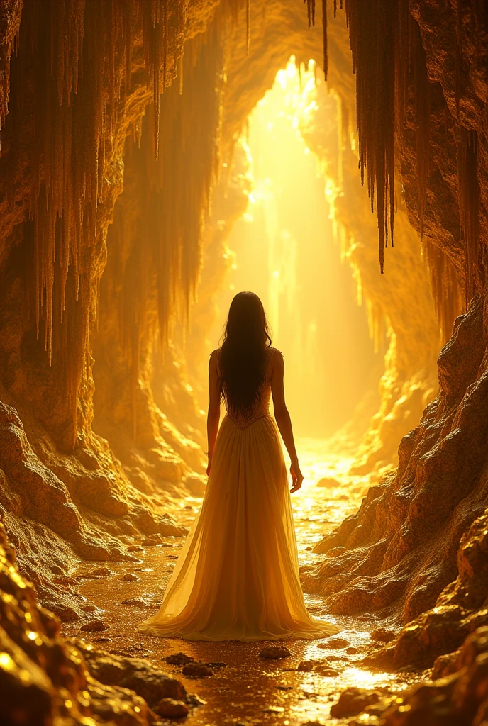 Make an image of a princess went to an old cave. The cave is made of gold and filled with gold pieces.only backside of princess is showing 