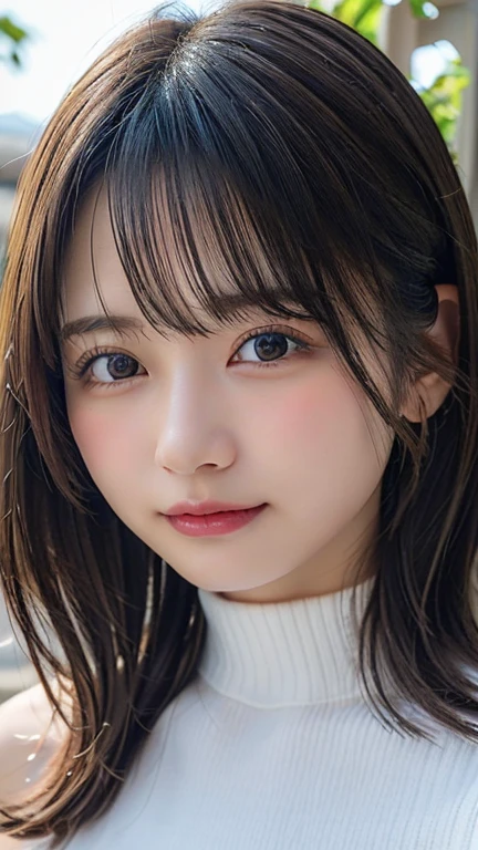 high quality、Generate high resolution images。She is young々Successfully、With a cute appearance、Has a fresh and natural look。Here are the specific details::
1. **Face shape**: (Oval face with a slightly pointed chin:1.3)。
2. **eye**: (大きいアーモンド形のeye:1.4、double eyelid。eyeの色はダークブラウン:1.5、There is a vibrant glow)。
3. **Eyebrow**: 自然なアーチを描いたEyebrowで、It is well maintained though、Not too thin。
4. **nose**: small、やや上向きのnose。
5. **mouth**: Natural pink plump lips。She has a gentle smile。
6. **Skin color**: Has a healthy glow、Brighter, smoother skin。
7. **hair**: long、(ストレートな黒hairで、Has a slight sheen)。hair型はソフトなウェーブかストレートのままにすることが多い。
8. **make**: ミニマルでナチュラルなmake。A lightweight foundation to even out skin tone、A touch of blush on the cheeks、eyeを引き立てるための控えめなアイライナーとナチュラルなマスカラ。Lips lightly tinted in pink or peach。
9. **accessories**: smallて繊細なイヤリングやシンプルなネックレスを時々wear。
10. **expression**: Friendly、フレンドリーなexpression。軽い微笑みや遊び心のあるexpressionが特徴。
To focus on her face、Shoot in a bright environment、The background should be neutral or soft and blurred。