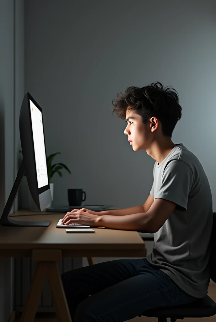 Un jeune homme devant son ordinateur de bureau avec un fond neutre gris
Hyper réaliste et lumière naturelle