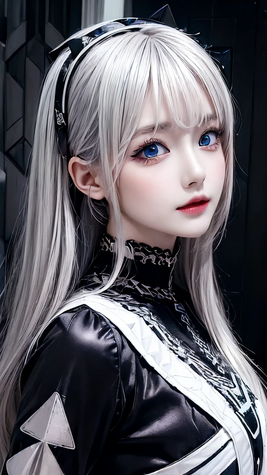 (digital art:0.2),(geometric art:1.7),(top-quality),(masterpiece),Delicately drawn face,girl with a pretty face,beautiful detailed blue eyes,Gothic Lolita Fashion,((Black and white costume)),(Beautiful silky silver hair:1.2),black ribbon hair ornament,Film Lighting,abstract,a beautiful artistic illustration,geometric background